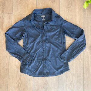 REI Sahara Button Up Long Sleeve Hiking Shirt in Dusty Blue